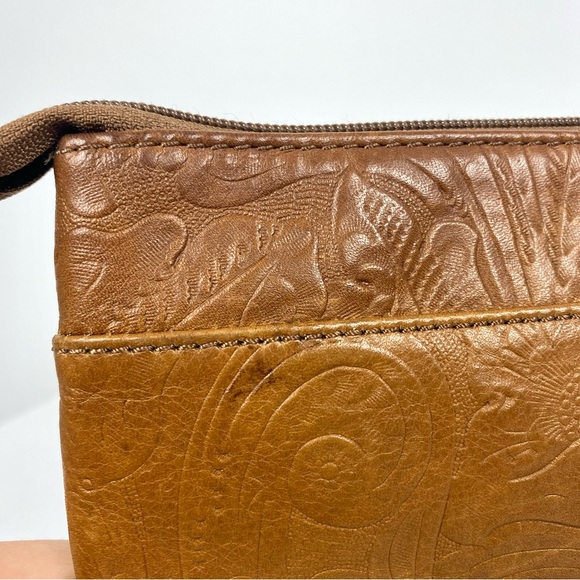 Margot Cognac Brown 100% Leather Large Wristlet Leaf Paisley Pattern 9.75x6 in. - Picture 11 of 12